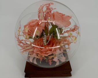 Boho 70s Butterfly Globe Diorama Vintage Decor Pink Silk Flowers on Wood Stand