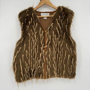 Vintage Faux Fur Vest Women&#39;s Medium Brown Full Zip 90s Y2K Victoria Harbour