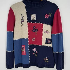 90s Pullover Sweater Women’s Medium Navy Blue Floral Embroidered Long Sleeve