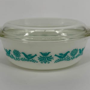 Pyrex Bluebird 043 Vtg Oval Casserole Dish With Glass Lid White and Turquoise