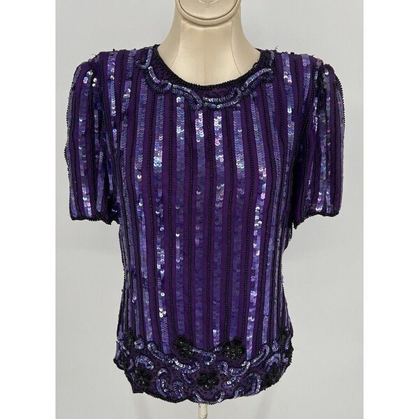 Beaded Sequin Silk Top Women’s Medium Bling Bedazzled Purple Vintage Stenay