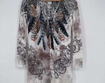 Top frontal con doce botones, diseño de plumas y diamantes de imitación, estilo Y2K, estilo boho grunge brillante.