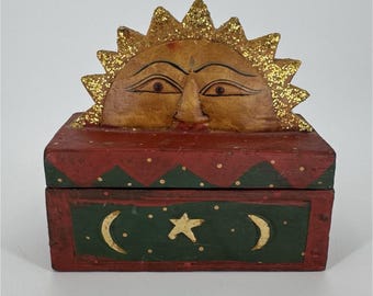 90s Celestial Trinket Box Carved Wood Handpainted Witchy Whimsical Decor Jewelry
