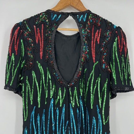80s Cocktail Dress Prom Sequins Silk Beaded Cut O… - image 10