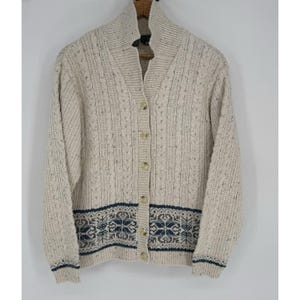 90s Cable Knit Cardigan Women&#39;s Medium Oatmeal Speckle Cotton Lizwear