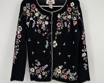 Granny Cardigan Floral Embroidered Black Cottagecore Women’s Medium by Tiara