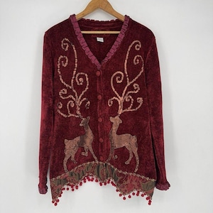 Ugly Christmas Sweater Red Sequins Beaded Reindeer Cardigan Women&#39;s Large