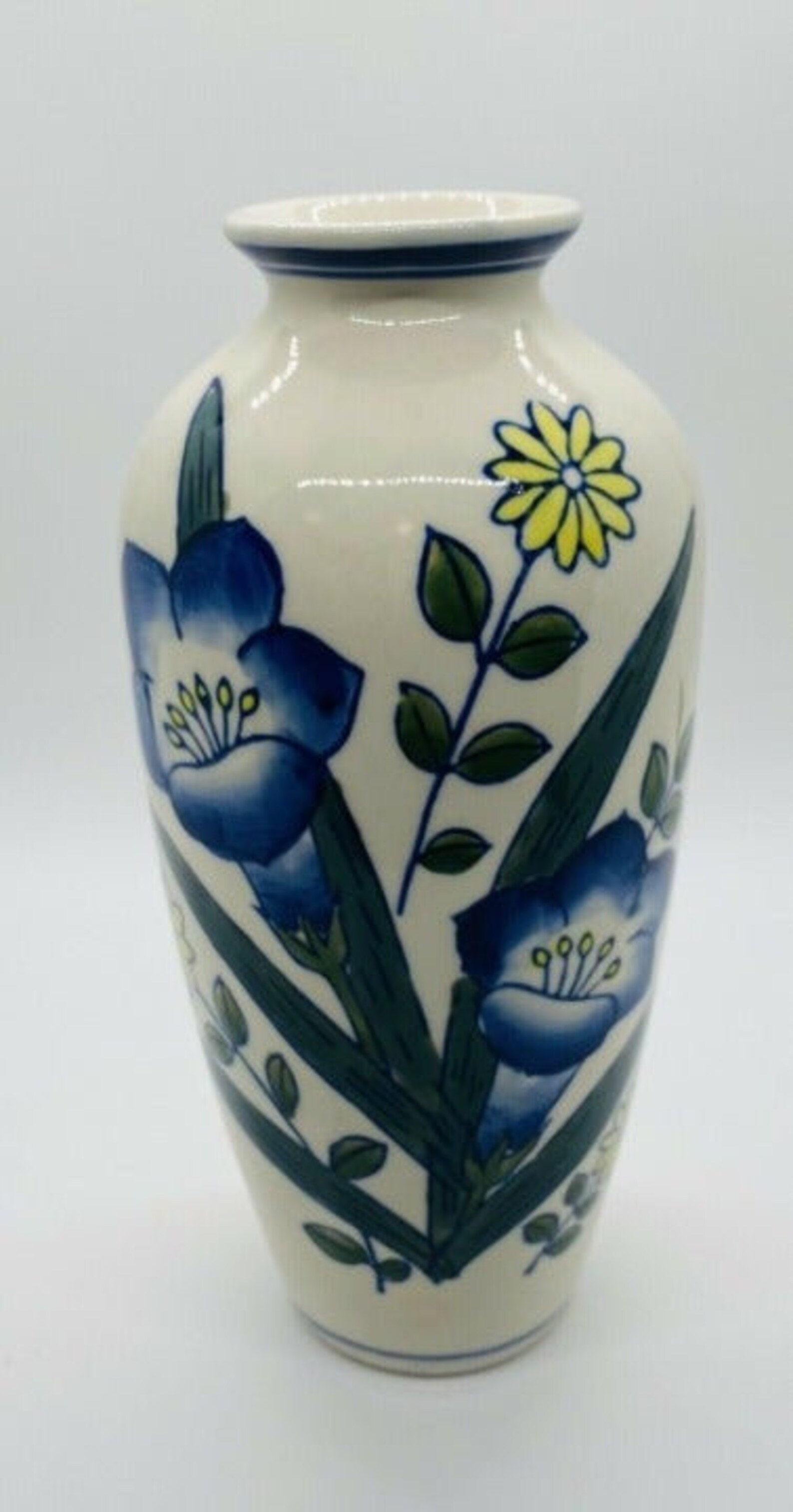 Vintage Blue Floral Yellow Vase Hand Painted Etsy