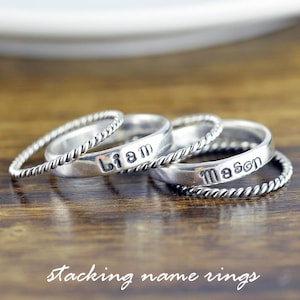 Rings with Names Sterling Silver, Stacking Rings, Hand Stamped Ring, Personalized Ring, Mothers Ring, Mothers Jewelry, Silver Rings