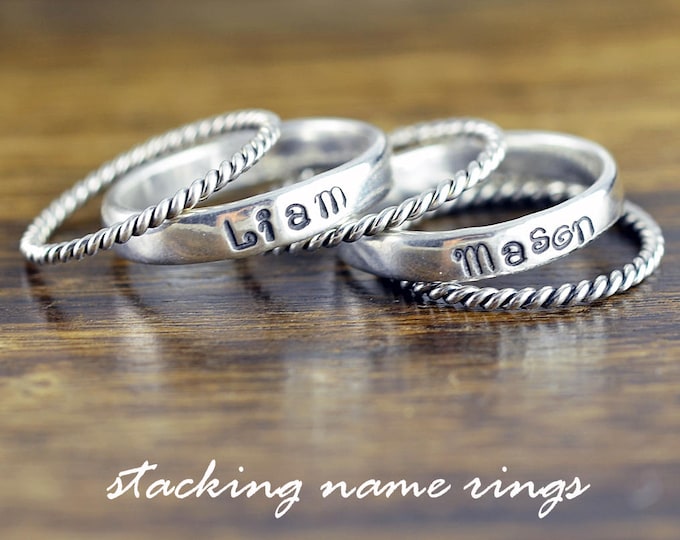 Rings with Names Sterling Silver, Stacking Rings, Hand Stamped Ring, Personalized Ring, Mothers Ring, Mothers Jewelry, Silver Rings