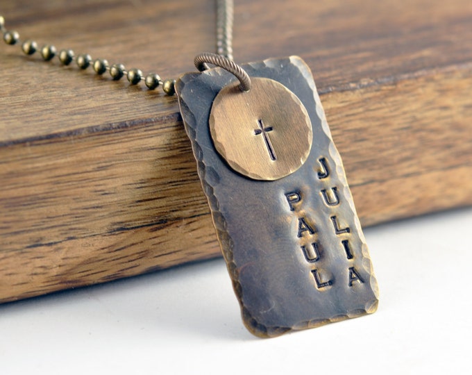 Fathers Day Gift - Personalized Dog Tag Necklace, Cross Necklace, Men's Necklace, Men's Gifts, Rustic Dog Tag Necklace