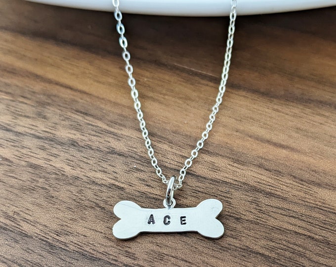 Dog bone necklace personalized with dog name, pet jewelry gift for her, silver jewelry, sterling silver dog necklace