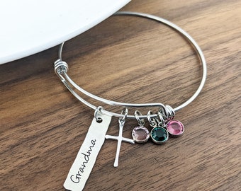 Grandma Birthstone Bracelet, Grandmother Bracelet, Cross Bracelet, Birthstone Charm Bracelet, Grandmother Gift, Gift for Grandmother