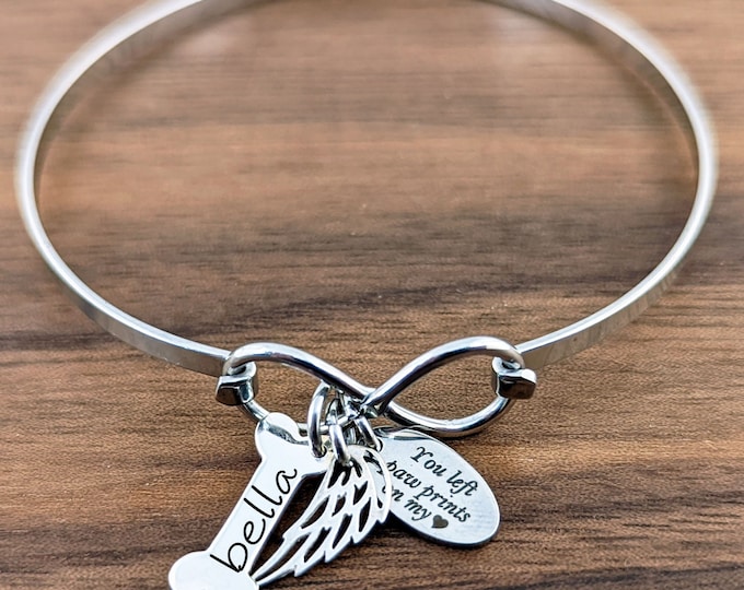 Dog Bone Bracelet, Pet Memorial Gifts, Custom Name, Infinity Bangle, Angel Wing Bracelet, Paw Bracelet, You left Paw Prints on My Heart