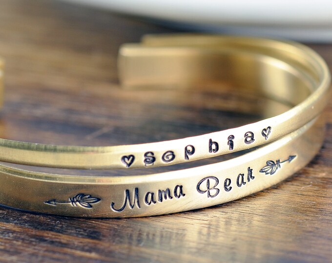 Mama Bear, Custom Cuff Bracelet, Personalized Cuff Bracelet, Mothers Bracelet, Mommy Jewelry, Kids Name Bracelet, Mothers Day Gift