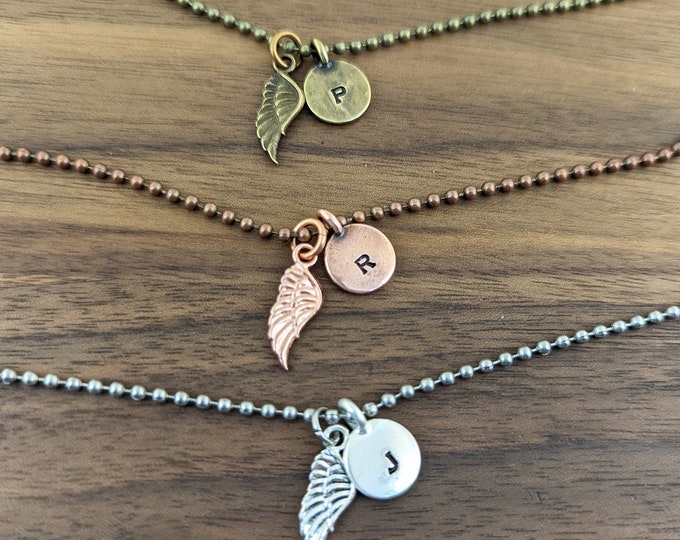Mens Personalized Necklace, Mens Initial Necklace, Pendant Necklace, Boyfriend Gift, Mens Memorial Gifts, Mens Wing Necklace