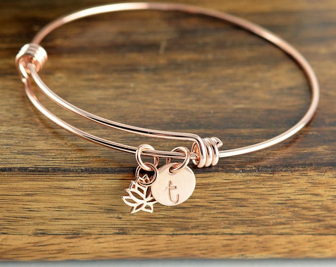 Rose Gold Lotus Bangle - Lotus Flower Bracelet -  Initial Bracelet - Lotus Charm - Lotus Jewelry - Yoga Bracelet - Yoga Jewelry, Yoga Lovers