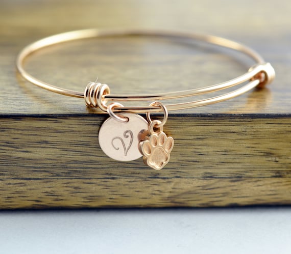 Dog Paw Bracelet, Dog Paw Jewelry, Dog Mom Gift, Personalized Initial  Bracelet, Personalized Rose Gold Bracelet, Dog Paw Charm, Gift for Her