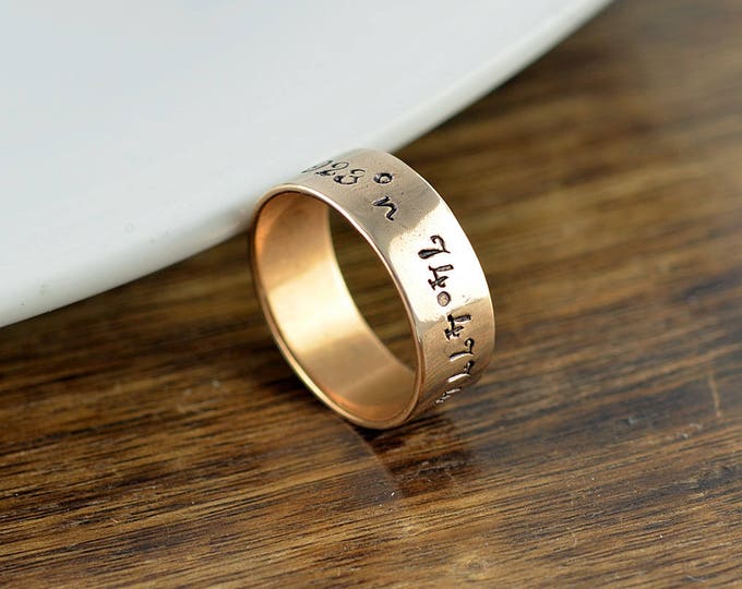 Coordinate Ring, Latitude Longitude Ring, Custom Coordinates, Coordinate Jewelry, Hand Stamped Ring, Brass Gold Ring