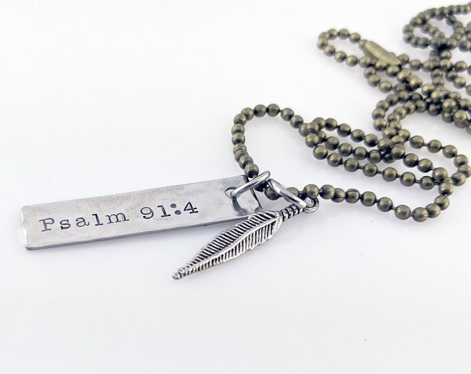 Gift For Men, Mens Hand Stamped Gift, Personalized Necklace, Psalm 91, Feather Necklace, Hand Stamped Jewelry, Boyfriend Gift