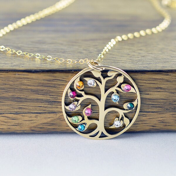 Gold Family Tree Necklace - Mother's Necklace - Birthstone Necklace - Birthstone Jewelry - Grandmother Necklace - Mothers Day Gift