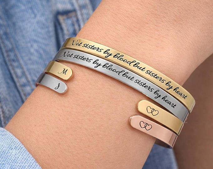 Sisters by Heart Cuff Bracelet, Sisters Distance Gift, Not sisters by blood but sisters by heart, Personalized Engraved Cuff Bracelet