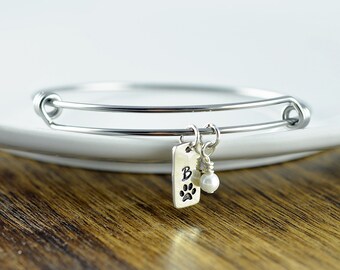 Dog charm bracelet, dog lover bracelet, dog paw charm bracelet, dog lover gift, animal lover gift, initial necklace, gift for her