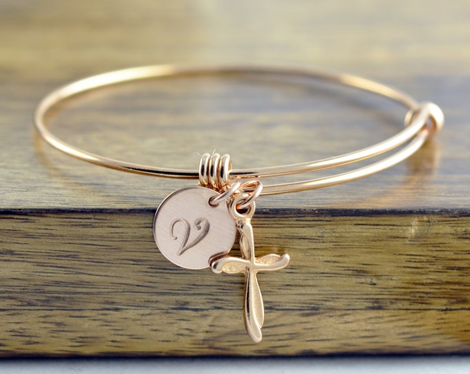 Rose Gold Cross Bracelet -Personalized Initial Bracelet, Personalized Hand Stamped Bracelet, Rose Gold Jewelry, Cross Bracelet, Gift for Her