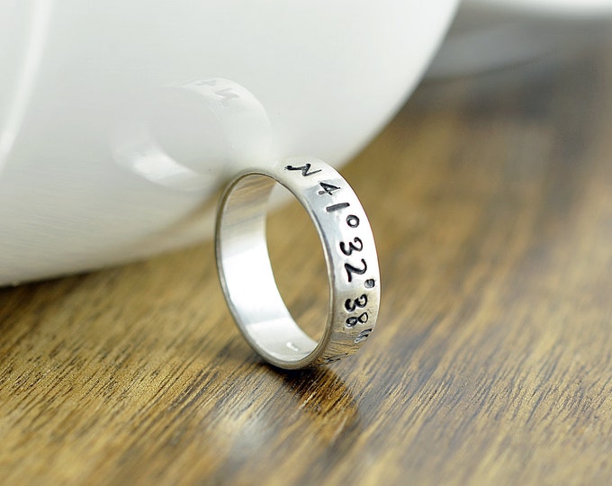 Coordinate Ring, Latitude Longitude Ring, Coordinate Jewelry, Hand Stamped Ring, Sterling Silver Ring