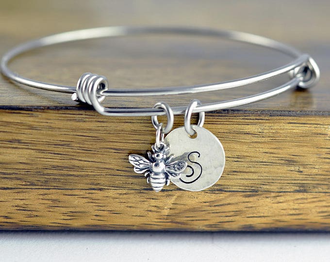 Initial Bracelet Sterling Silver, Initial Bee Bracelet, Bumblebee Jewelry, Bumble Bee Charm Bracelet, Bridesmaid Gift, Best Friends Gift