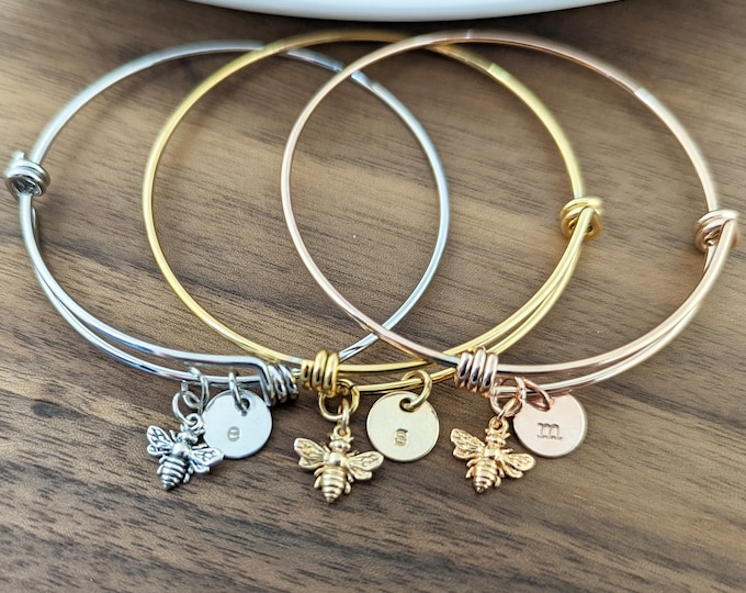 Gold Bee Bracelet, Initial Bracelet Gold, Initial Bee Bracelet, Gold Bee Bracelet, Bumble Bee Bracelet, Honeybee Jewelry