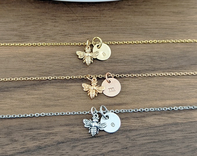 Bee Necklace, Initial Necklace Rose Gold, Initial Bee Necklace, Rose Gold Bee Necklace, Bumble Bee Necklace, Honeybee Bee Jewelry