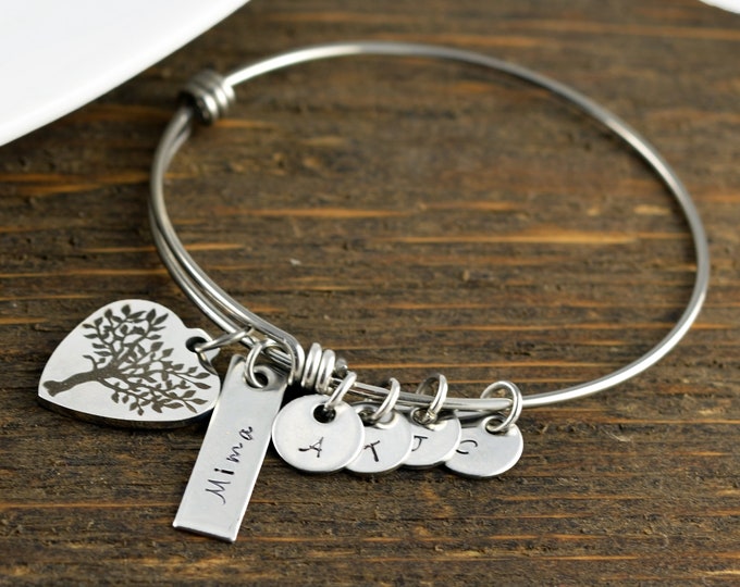 Grandmother Bracelet, Tree of life Charm Bracelet, Family Tree Bangle Bracelet, Mom Bracelet, Personalized Grandma Jewelry, Mima Gift