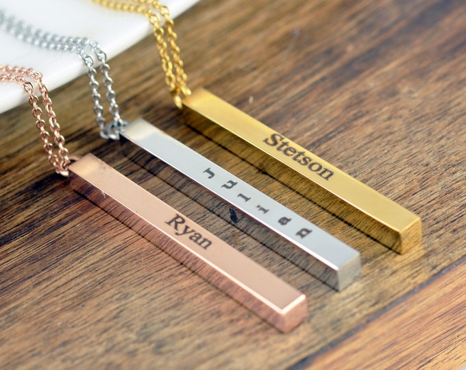Vertical Bar Necklace, 4 sided Bar Necklace, Personalized Bar Necklace, Mothers Necklace, Engraved Necklace, Gift for Mother, Mom Jewelry