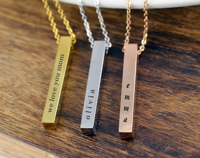 Bar Necklace, 4 sided Bar Necklace, Personalized Bar Necklace, Mothers Necklace, Engraved Necklace, Gift for Mother, Mothers Day Jewelry