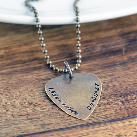 Personalized Mens Necklace Guitar Pick Jewelry Gift Hand Stamped For Him Pendant