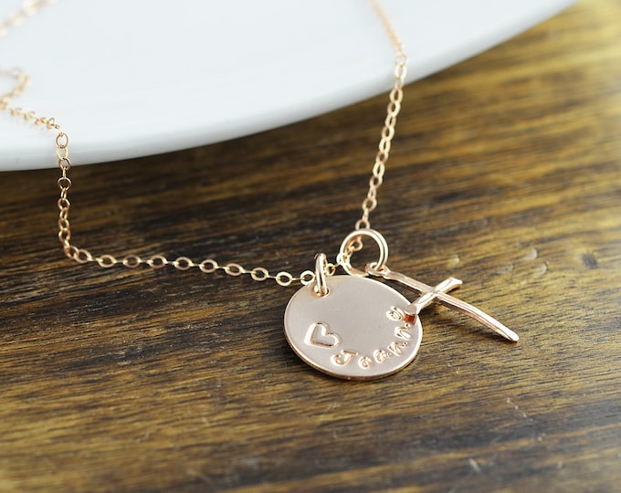 Rose Gold Cross Necklace -Personalized Name Necklace, Personalized Hand Stamped Necklace, Rose Gold Jewelry, Cross Necklace, Gift for Her