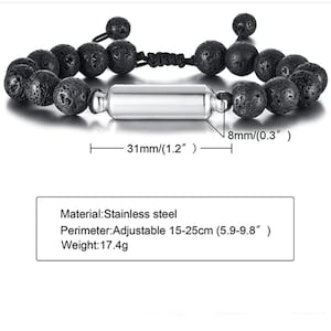 May include: A black lava rock bracelet with a silver metal tube charm. The bracelet is adjustable and measures 5.9 to 9.8 inches in circumference. The bracelet is made of stainless steel and weighs 17.4 grams.