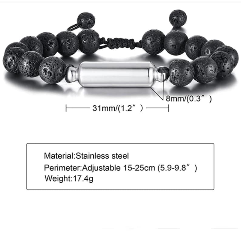 May include: A black lava rock bracelet with a silver metal tube charm. The bracelet is adjustable and measures 5.9 to 9.8 inches in circumference. The bracelet is made of stainless steel and weighs 17.4 grams.