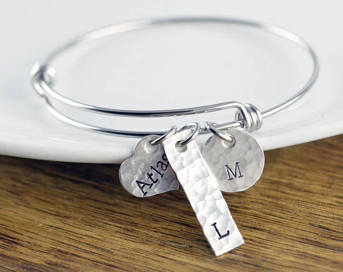Personalized Bracelet - Silver Bangle Bracelet - Personalized Bracelet - Bangle Bracelet with Charms - Name Bracelet - Mothers Bracelet