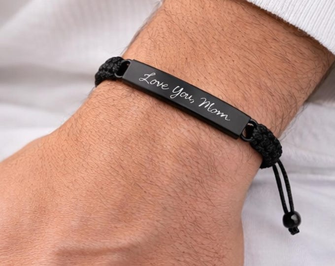 Personalized Handwriting Bracelet for Men, Memorial Gift for Son, Custom Engraved Cord Bracelet, Actual Handwriting Black Cremation Bracelet