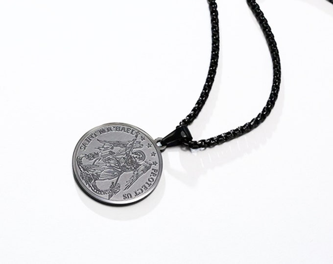 Men's Black St Michael Necklace, Protect Us the Archangel Medals Inspirational Pendant Catholic Stainless Steel Jewelry