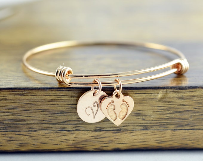 Personalized Initial Bracelet, New Mom Gift, Personalized Rose Gold Bracelet, New Baby Gift, Baby Feet Charm, Gift for Her