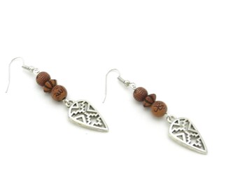 Dangling earrings, drops, triangle, triangular, brown beads, ethnic, bohemia