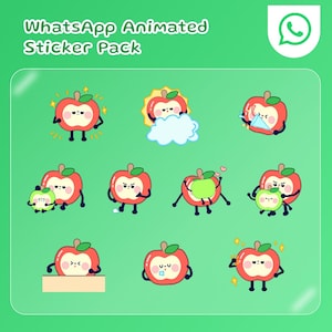 May include: A set of animated WhatsApp stickers. The stickers depict cartoon apples with different expressions and actions. The apples are red with green leaves and black legs, set against a green background. The text "WhatsApp Animated Sticker Pack" is at the top.