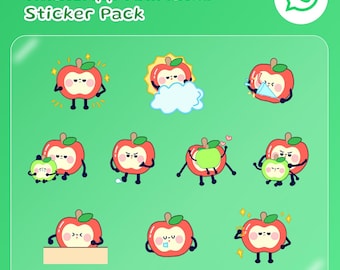 May include: A collection of animated WhatsApp stickers featuring cartoon apples with various expressions and actions. The stickers are red with green leaves and black legs, set against a green background. The text "WhatsApp Animated Sticker Pack" is at the top.