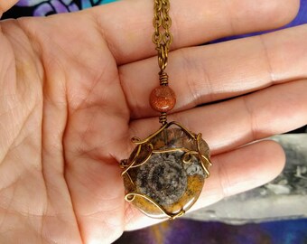 Ammonite Necklace, Ammonite Fossil Necklace, Ammonite and Goldstone Necklace, Ammonite Cabacon Necklace, Fossil Necklace, Goldstone Necklace