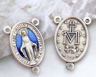 RJ Beads - 1" BLUE Miraculous Medal Latin Virgin Mary Medal Rosary Center Centerpiece Charms - Made in Italy