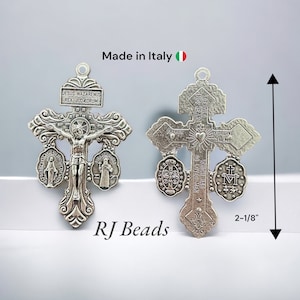 Silver 2-1/8" · Made in Italy · 3-Way Pardon Indulgence Crucifix Miraculous & Saint St Benedict Medal · Rosary Cross Pendant Catholic Charm