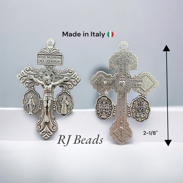 Silver 2-1/8" · Made in Italy · 3-Way Pardon Indulgence Crucifix Miraculous & Saint St Benedict Medal · Rosary Cross Pendant Catholic Charm